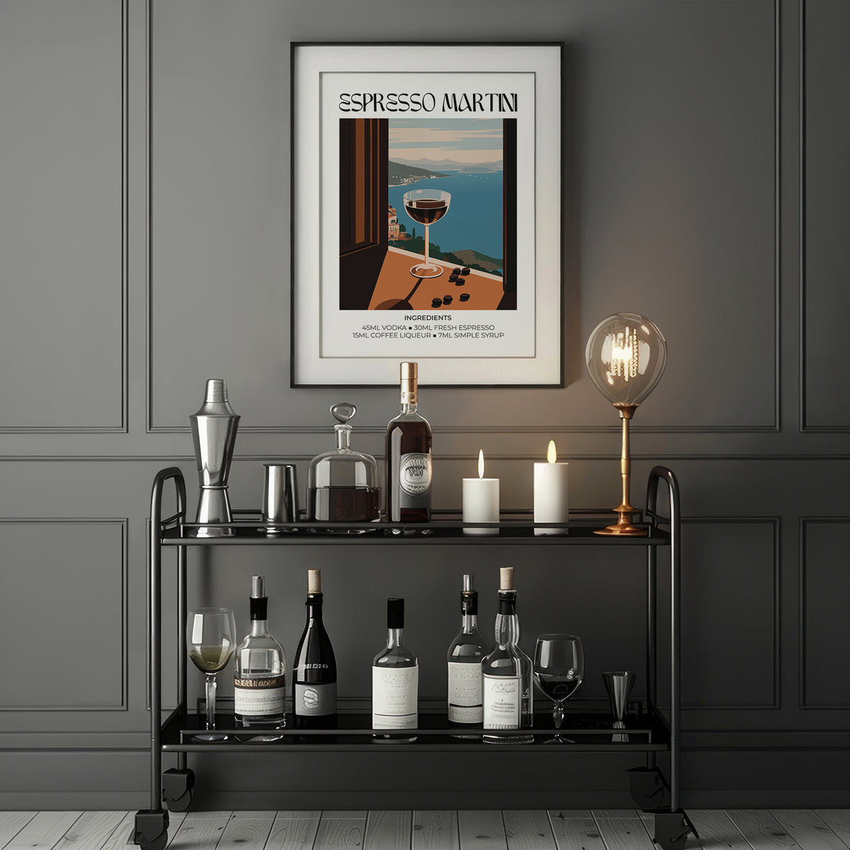 Framed Espresso Martini Poster on a dark wall above a drinks trolley with bottles and glasses