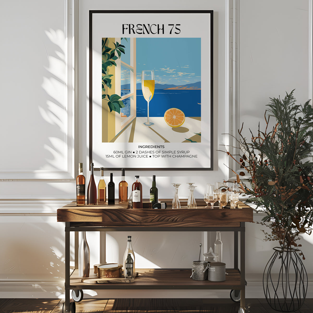 Bar Artistique wall art of a French 75 cocktail with blue and yellow tones above a wooden bar trolley