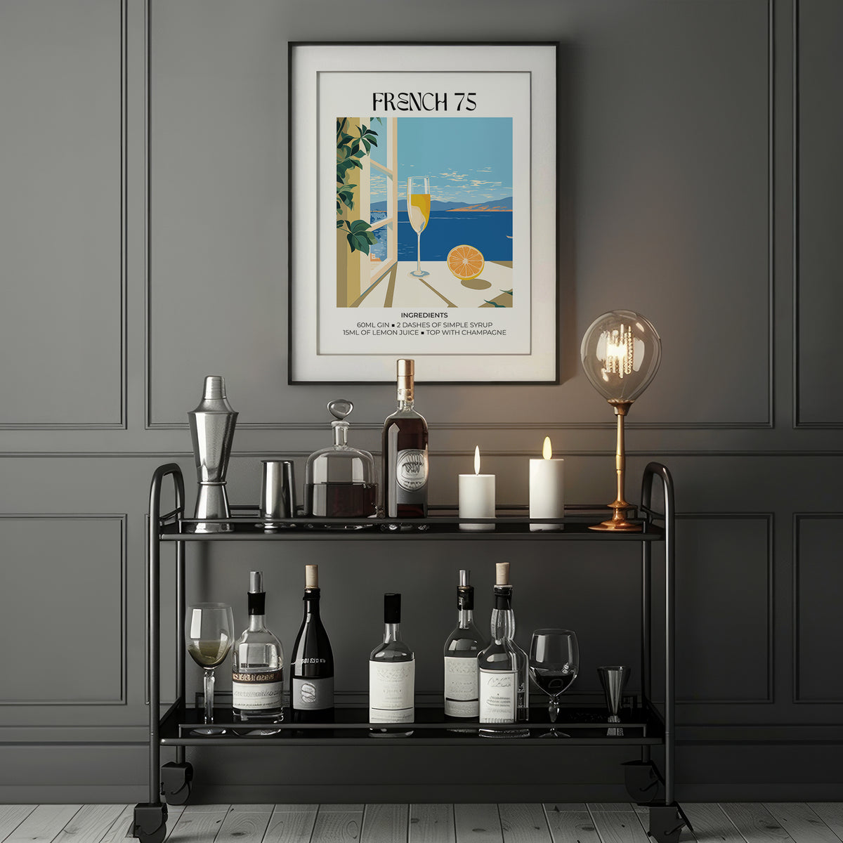 Bar Artistique print of a French 75 cocktail above a drinks trolley in a dark room