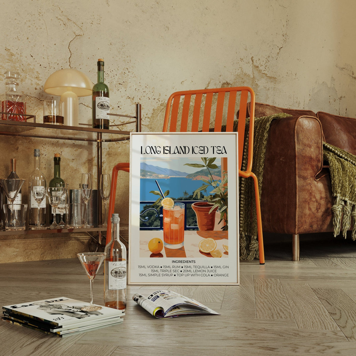 Print of Cocktail Wall Art of a Long Island Iced Tea cocktail leaning on the floor beside an orange chair and a leather sofa