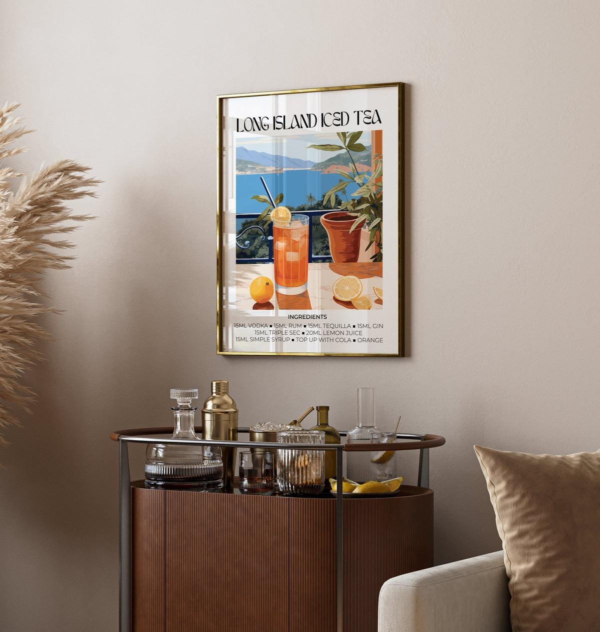 Cocktail wall art of Long Island Iced Tea cocktail with text hanging above a drinks trolley