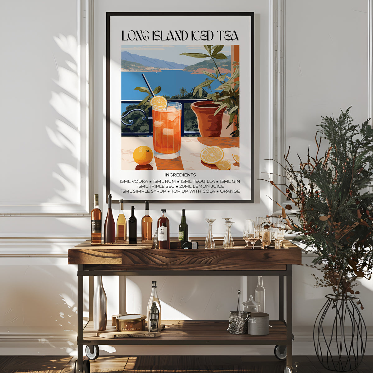 Cocktail wall art of a Long Island Iced Tea illustration with orange and blue hues above a bar trolley