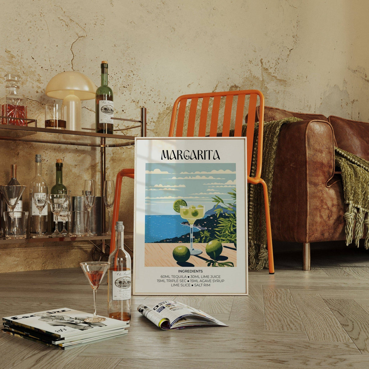 Print leaning on a floor showing a margarita cocktail with lime and sea in blue and green colours