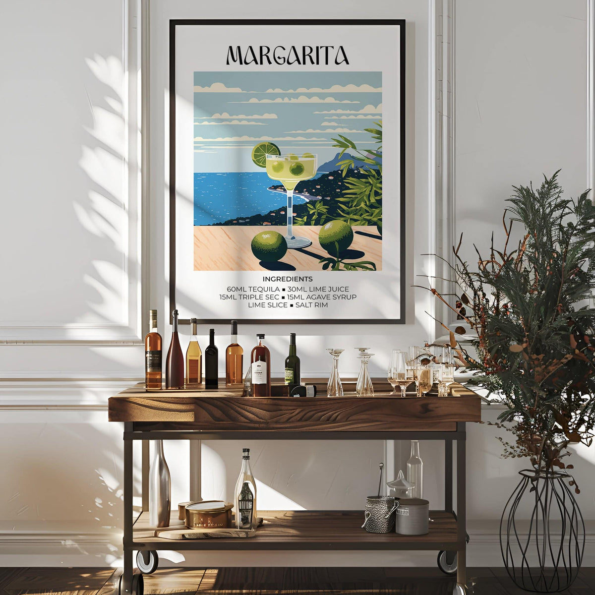 Decor for Bar framed print of a margarita cocktail glass illustration above a bottle cart