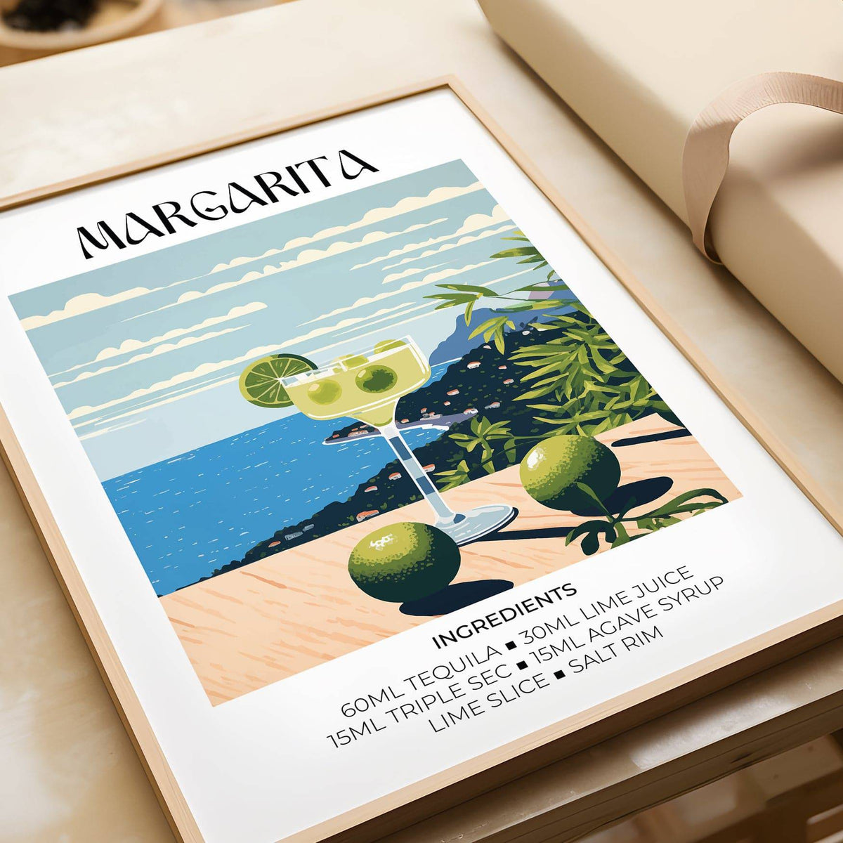 Framed print close-up of a margarita cocktail glass illustration with blue sea and green limes