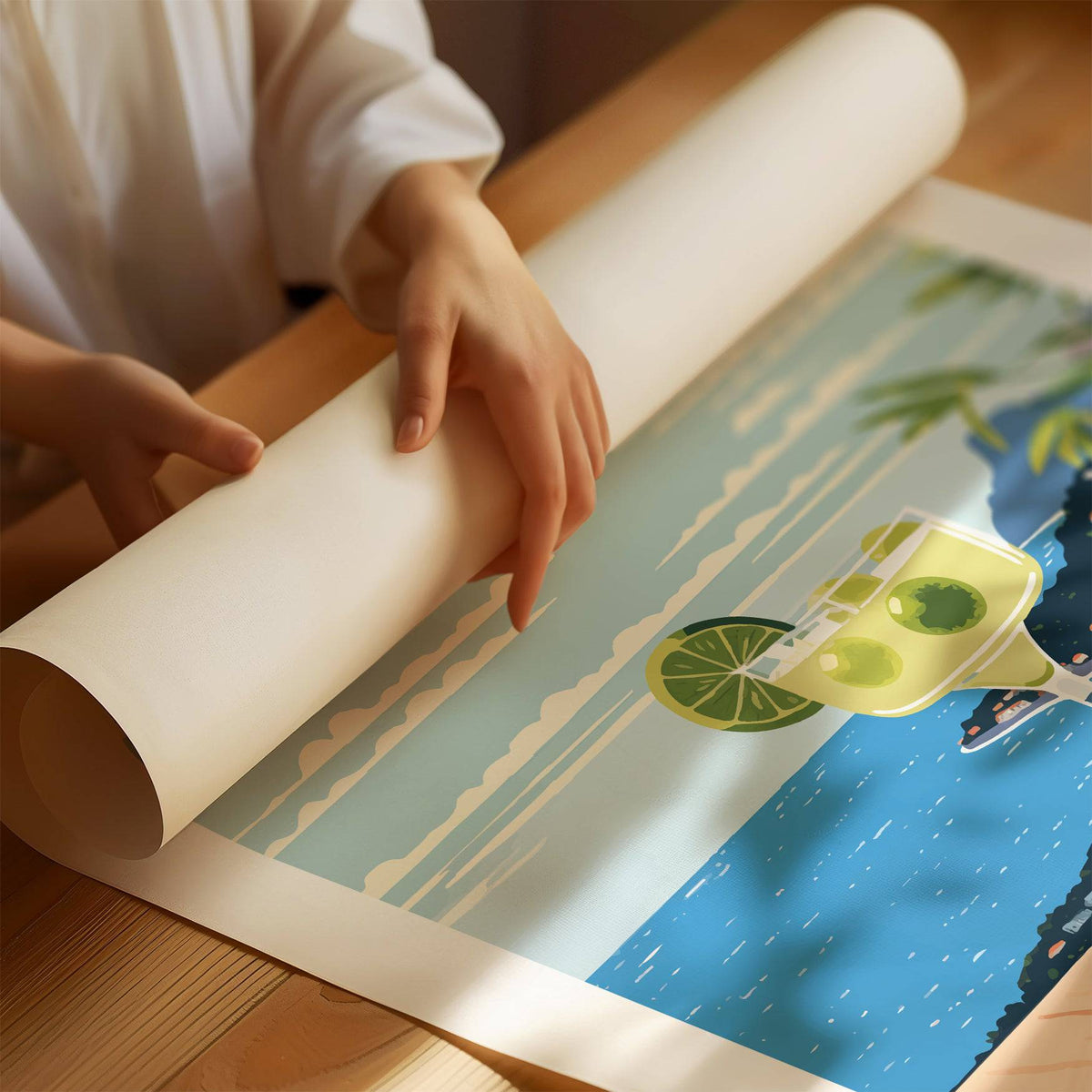 Detail close-up of a rolled Matisse Margarita Cocktail print showing blue sea and green lime