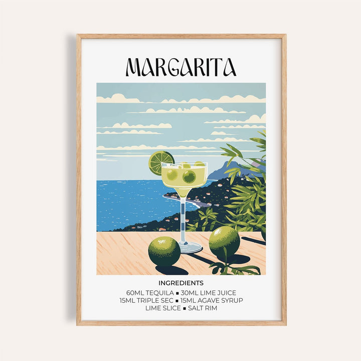 Framed print of margarita cocktail illustration with coastal view and lime green tones