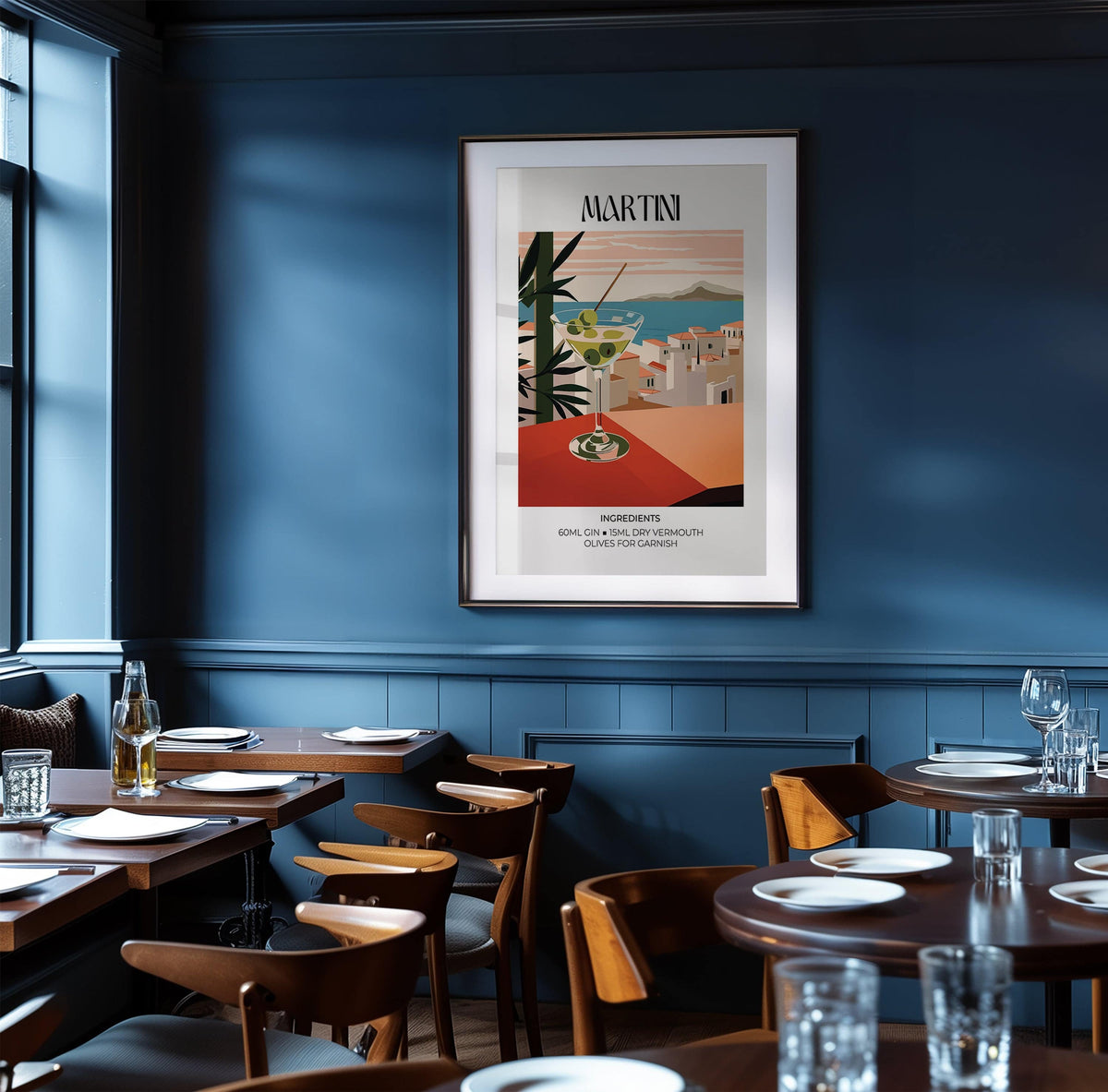Martini Poster framed print close-up of a minimalist martini cocktail with olives on a blue wall