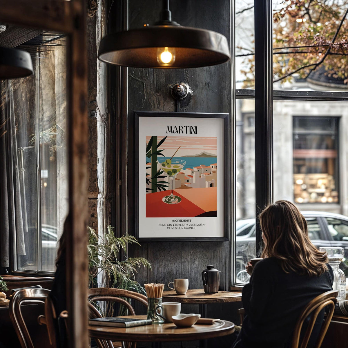 Martini Poster print on wall in a cafe with large window and overhead lamp