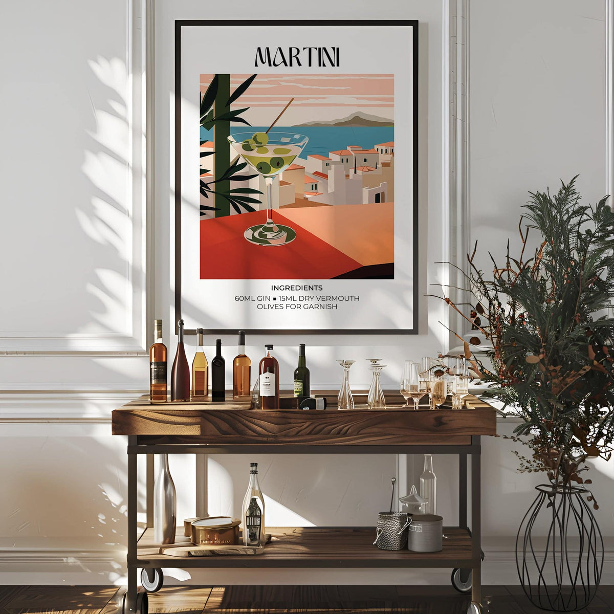 Martini Poster print with martini cocktail and olives on a sunny terrace above a drinks trolley