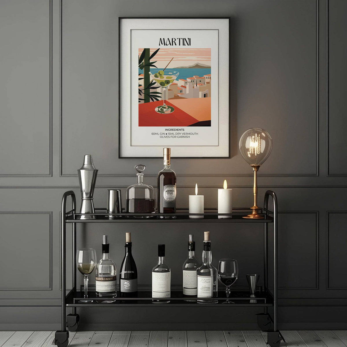 Print on a wall of a martini poster with a pastel background above a black drinks trolley with bottles and candles