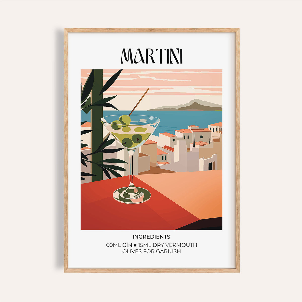 Framed Martini Poster with a martini cocktail illustration and a coastal town backdrop