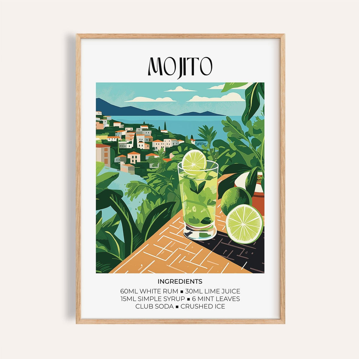 Framed Cocktail Print of a mojito glass with lime and mint in a colourful landscape