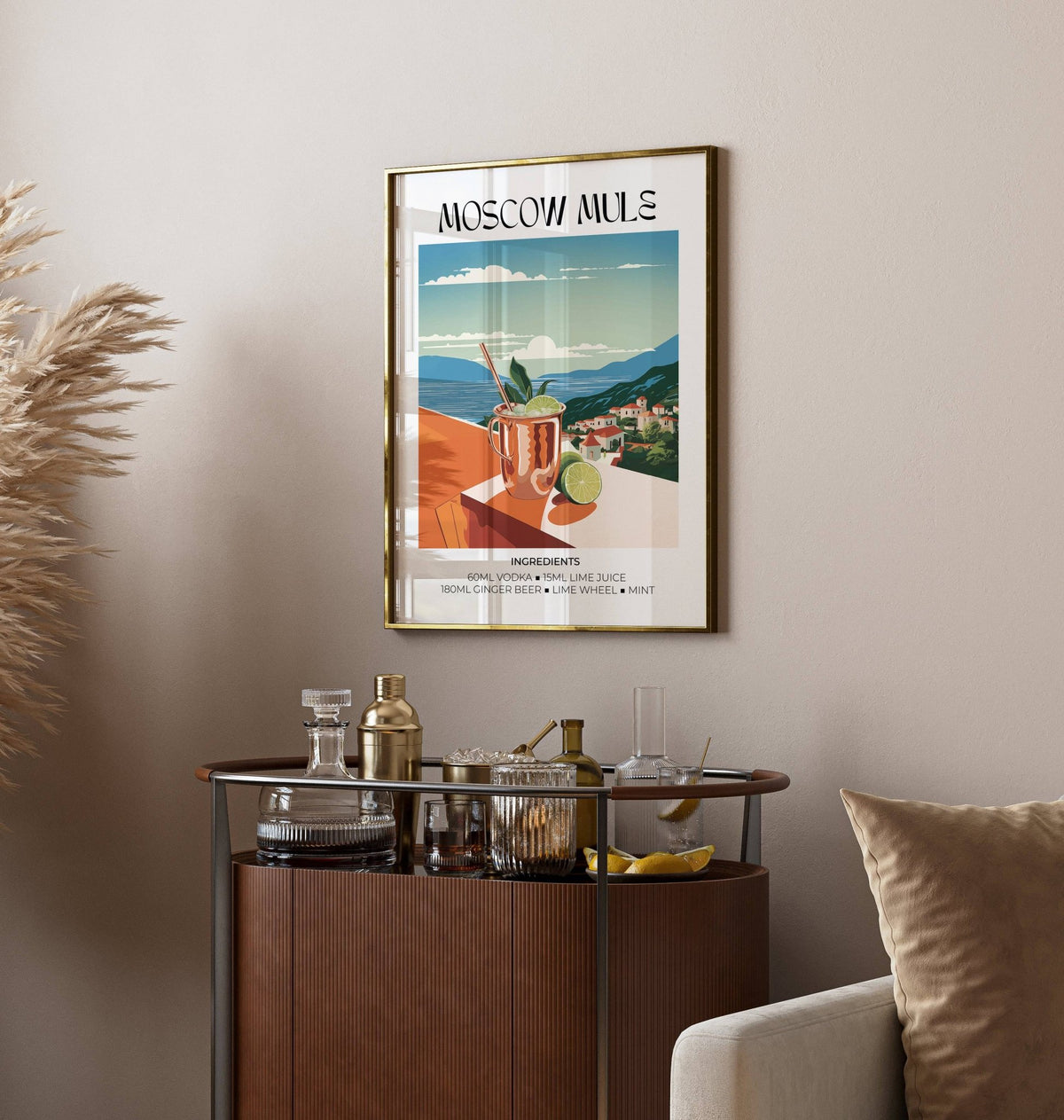Drinks artwork framed print of a moscow mule cocktail in copper cup displayed above a drinks trolley