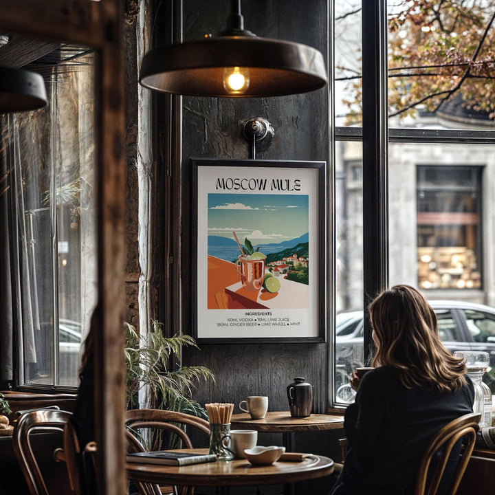 Drinks artwork print of a moscow mule cocktail illustration in a cafe by a window