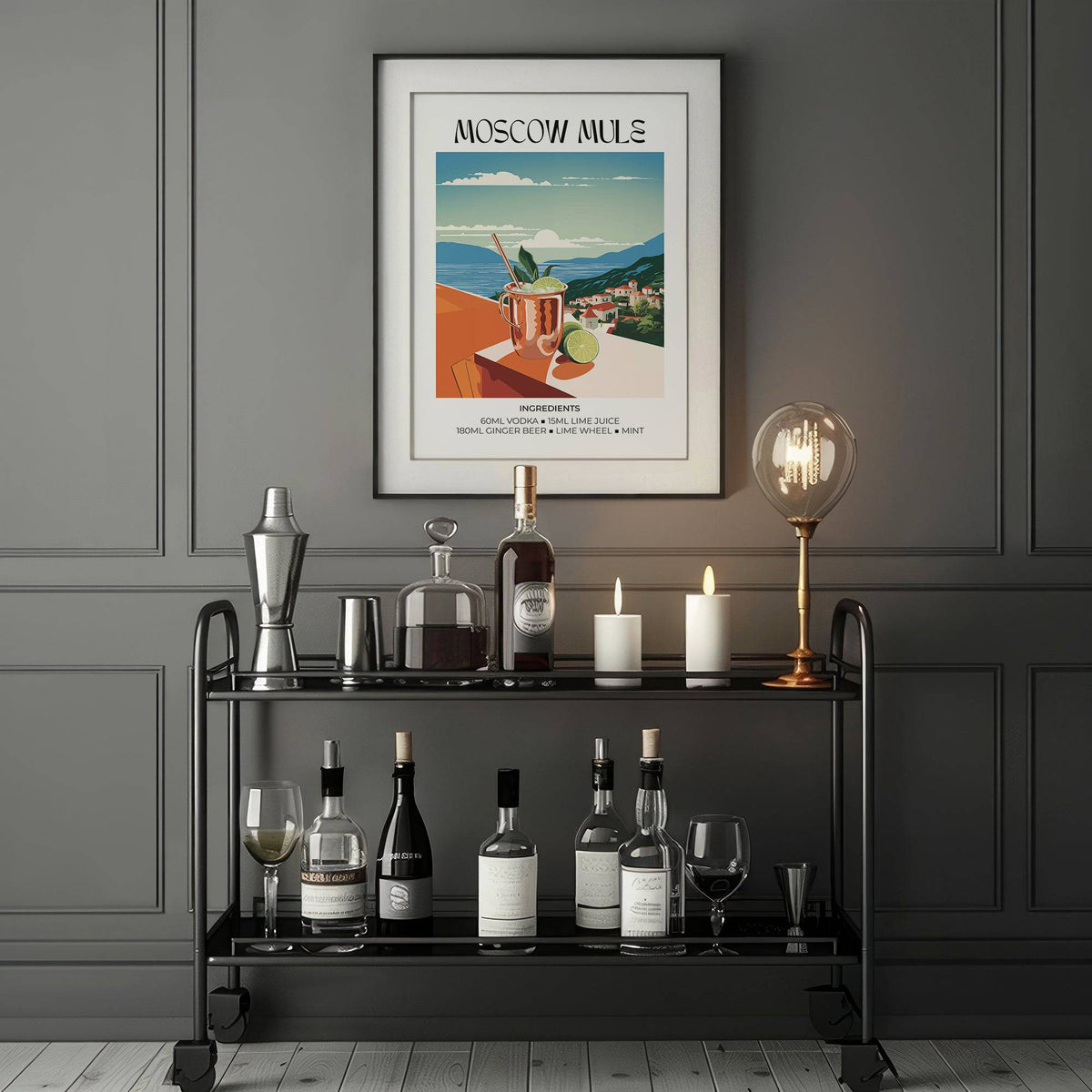 Drinks artwork framed print close-up showing a cocktail illustration with copper tones above a black drinks trolley