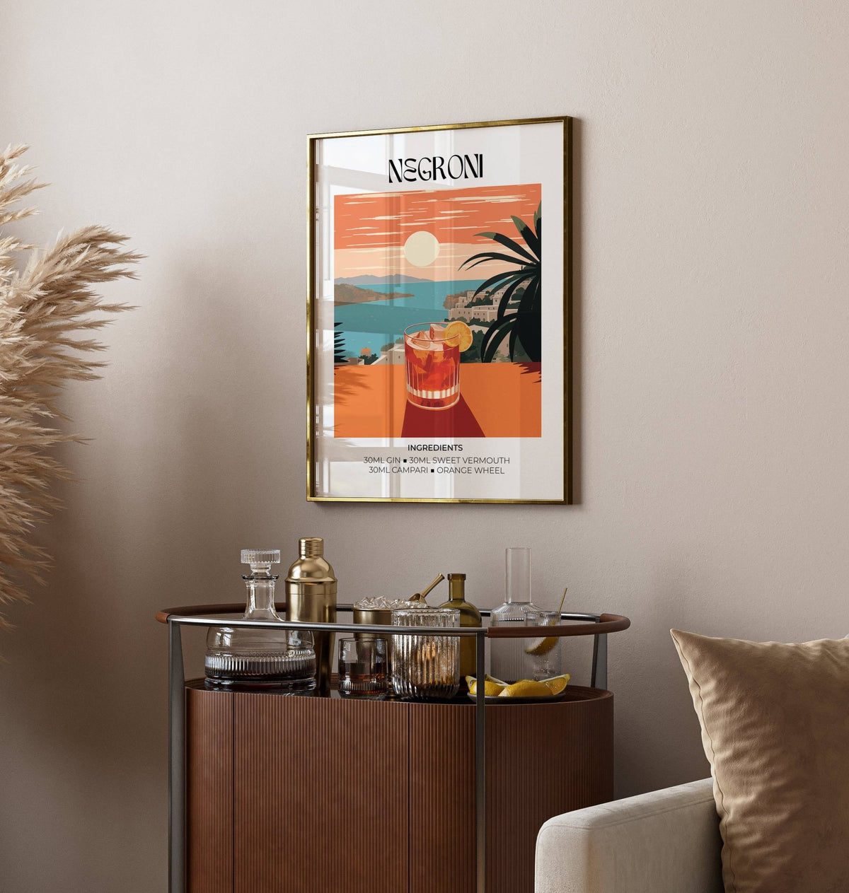 Vintage bar artwork of a negroni cocktail glass with orange and blue hues above a drinks cart