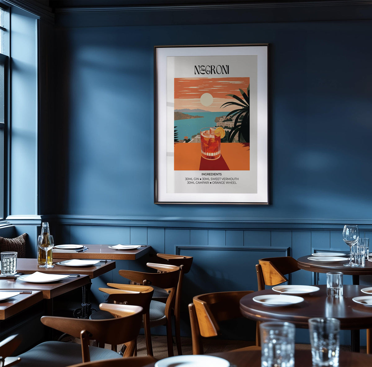 Vintage Bar Artwork print of a negroni cocktail glass with an orange and blue colour palette in a dining room