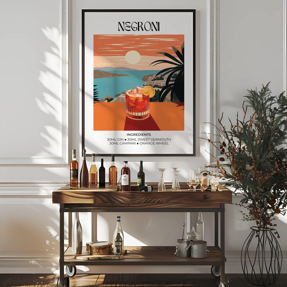 Vintage Bar Artwork print above a wooden trolley with bottles and glasses in a bright room