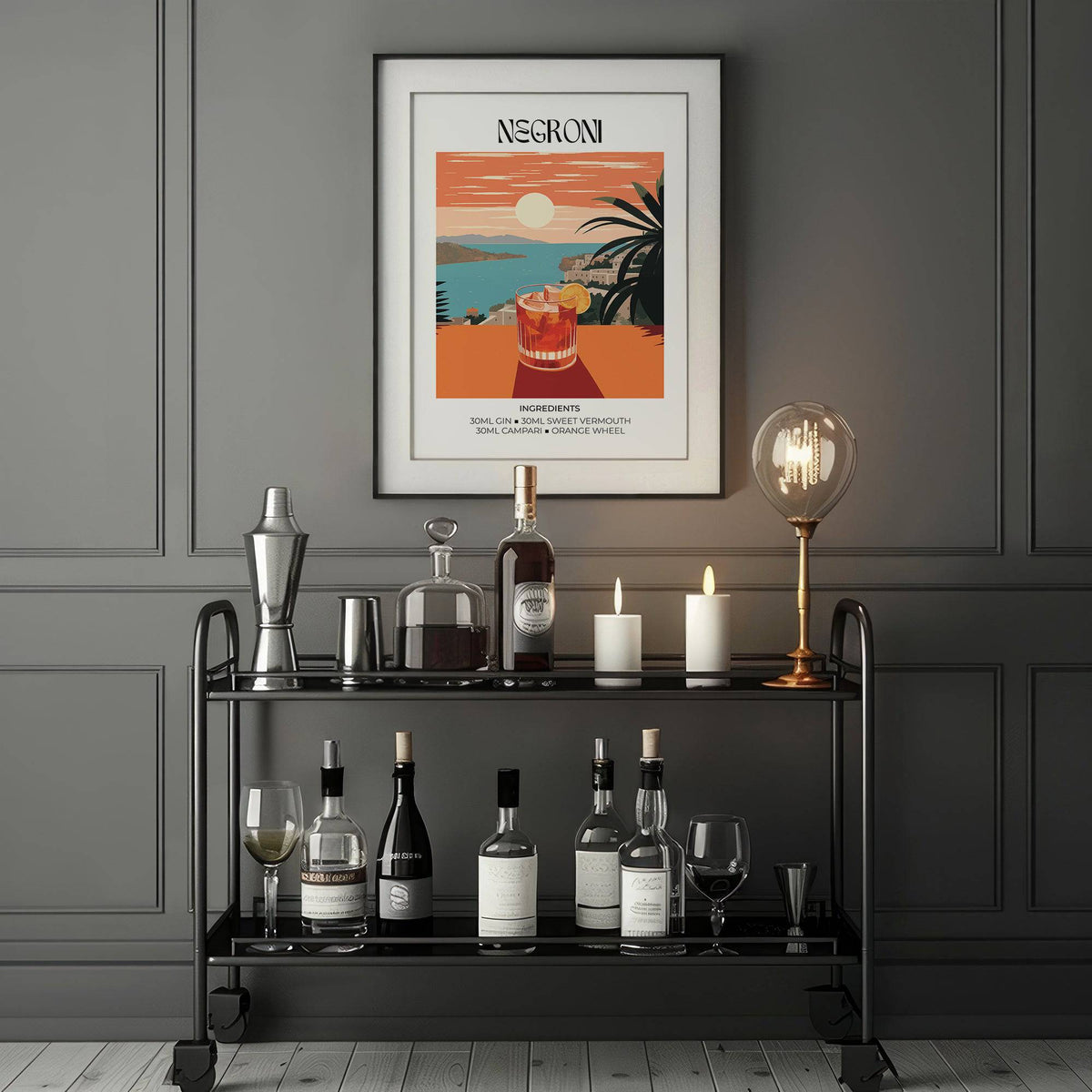 Vintage Bar Artwork framed print with a red and orange cocktail scene above a bar cart with bottles and candles