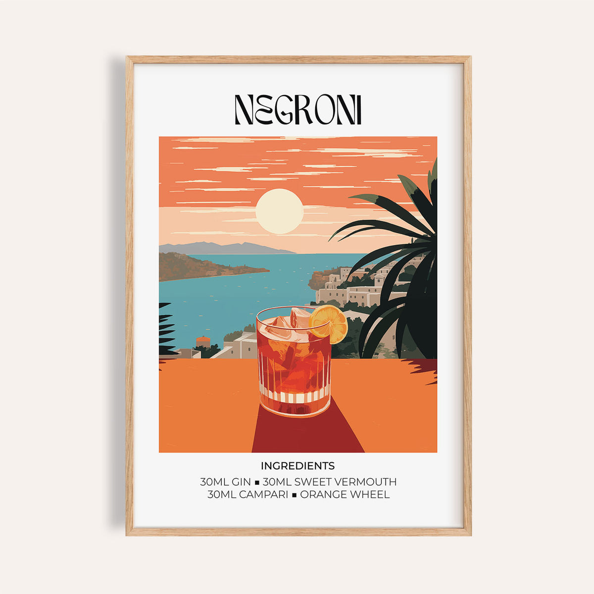 Framed print close-up of vintage bar artwork featuring a Negroni cocktail in orange and blue tones