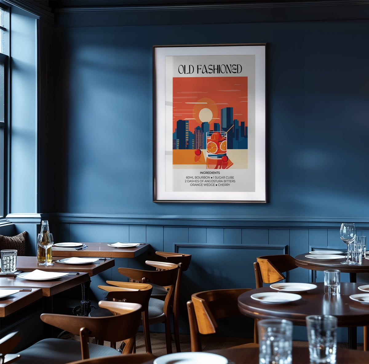 Vintage Bar Wall Art framed close-up showing an old fashioned cocktail against a sunset cityscape in a restaurant