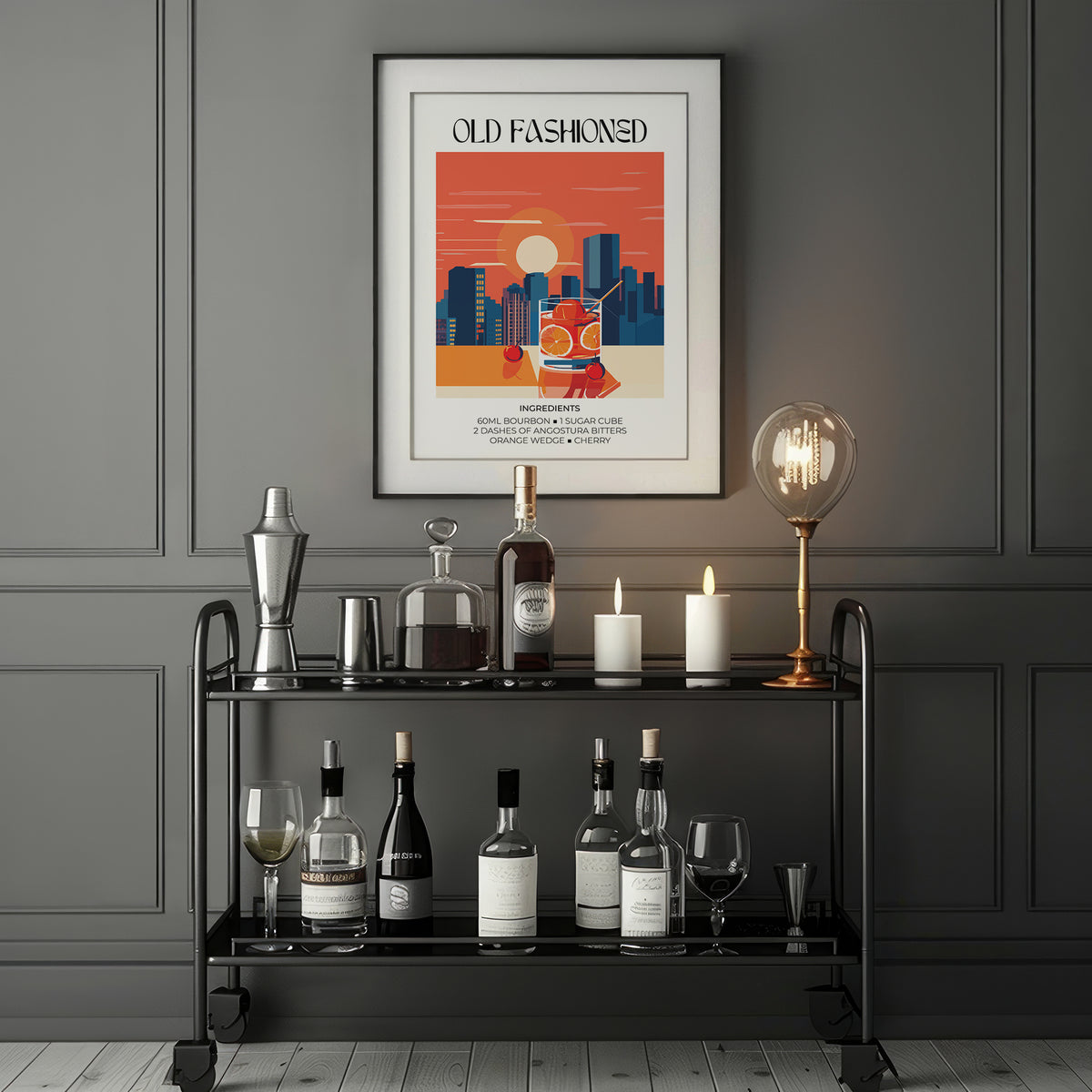 Vintage Bar Wall Art of an old fashioned cocktail with orange and cherry colours above a bar cart