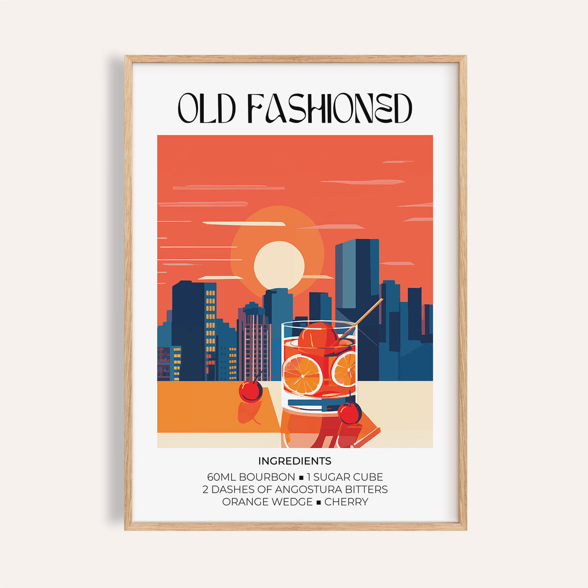 Framed Vintage Bar wall art of an Old Fashioned cocktail illustration with orange city skyline