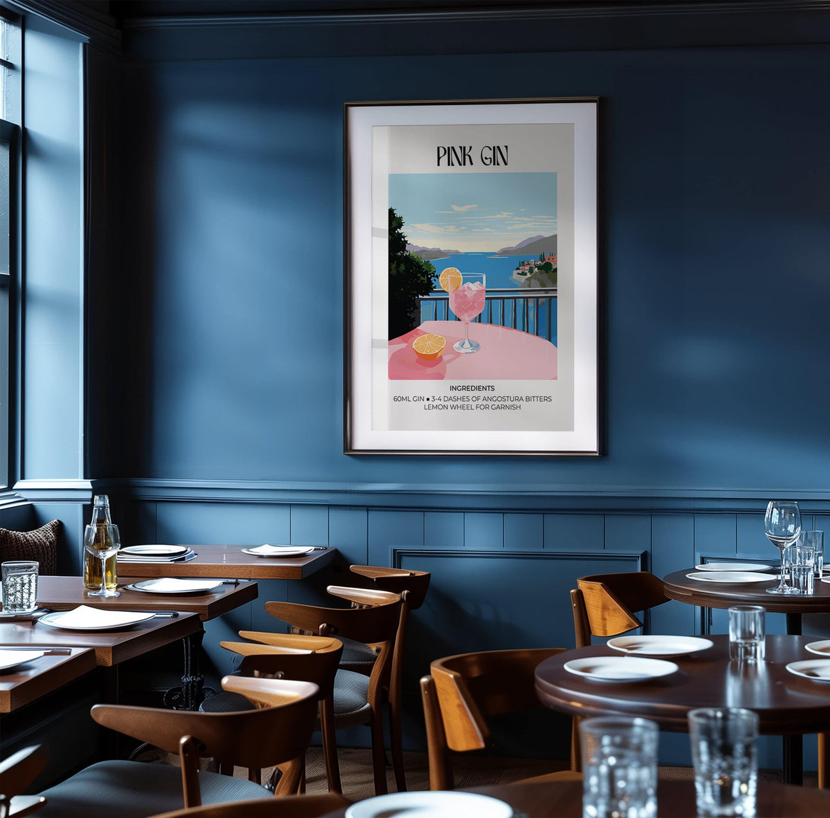 Bar Cart Art print of a pink gin cocktail illustration in a dark blue walled dining room