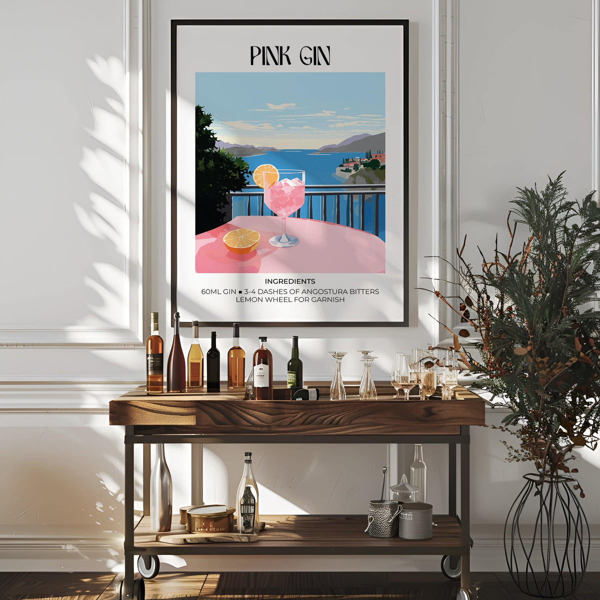Bar Cart Art print of a pink gin cocktail illustration above a wooden bar cart with bottles and glasses