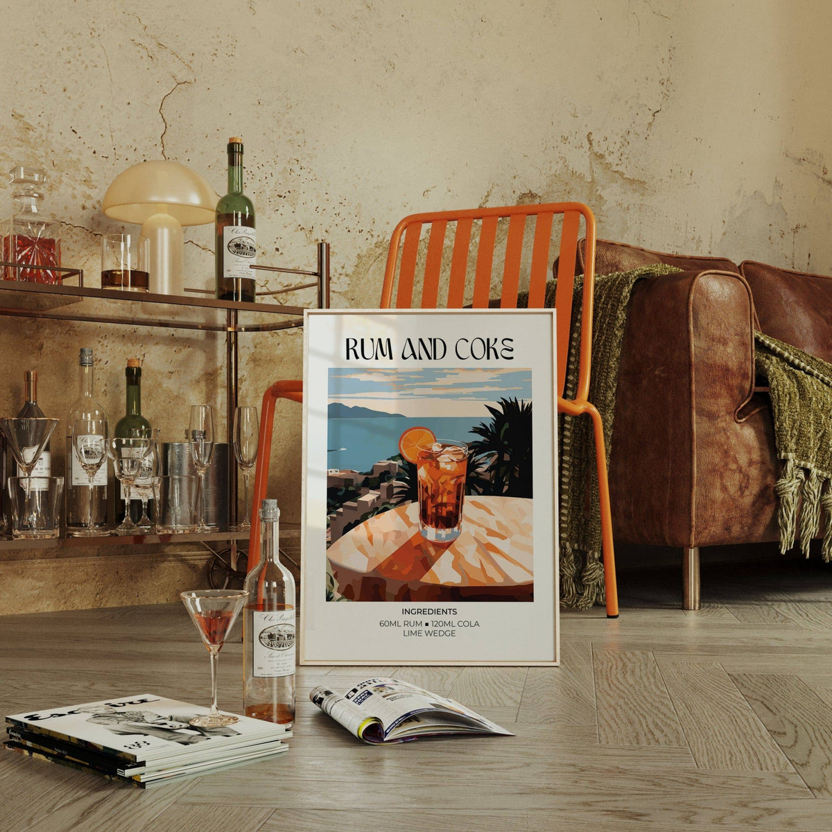 Cocktail recipe poster leaning on floor with a cocktail glass and books nearby in a rustic lounge