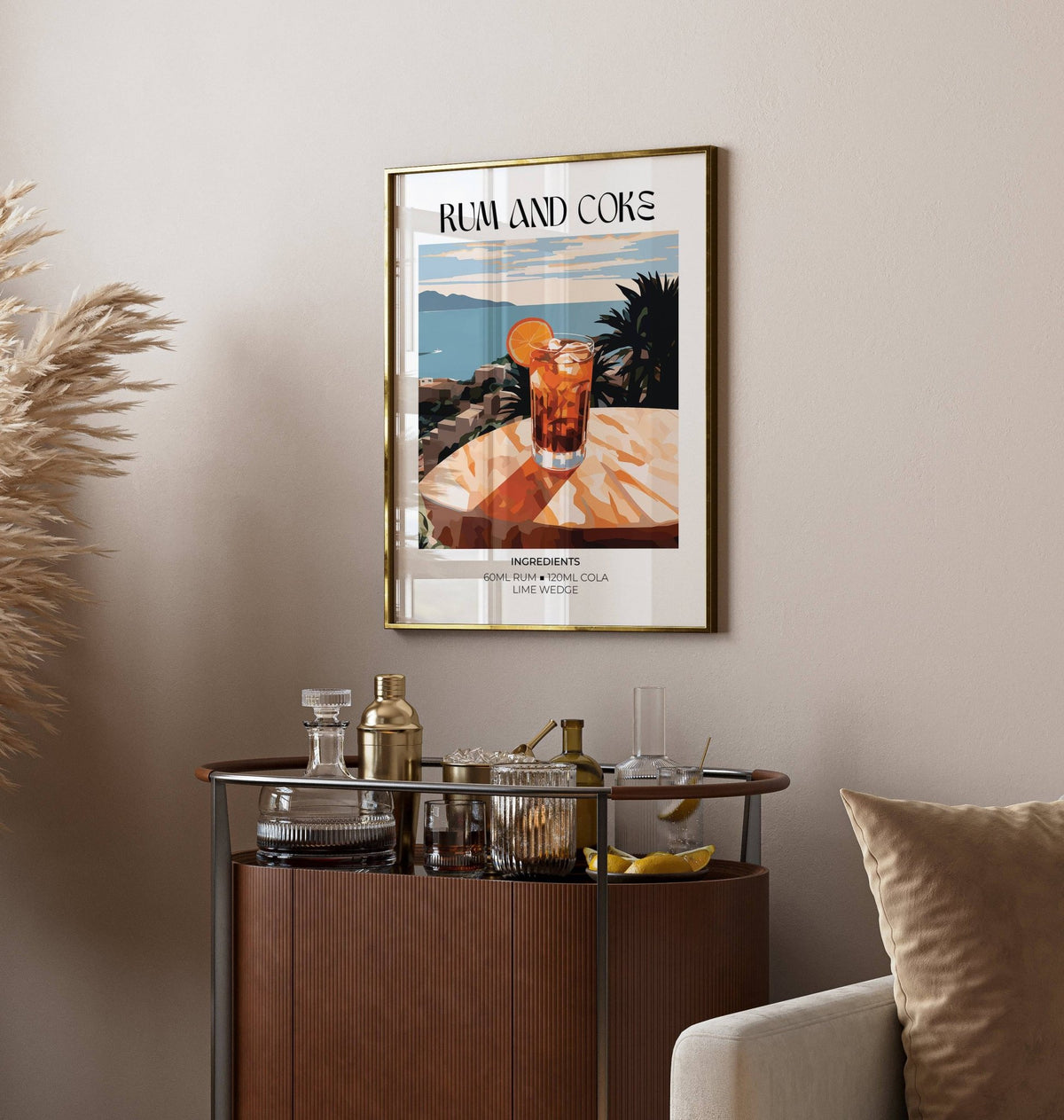 Cocktail recipe poster of a rum and coke cocktail with an orange slice above a drinks trolley
