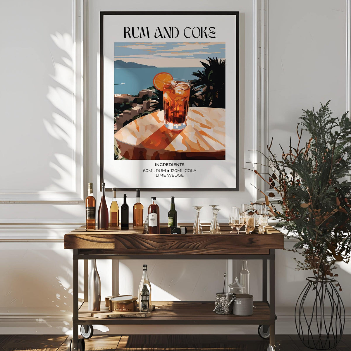 Cocktail recipe poster framed print of rum and coke cocktail with blue and orange tones above a bar trolley