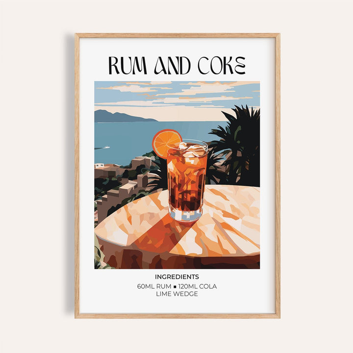 Framed close-up of cocktail recipe poster showing rum and coke ingredients and illustration with blue sea background