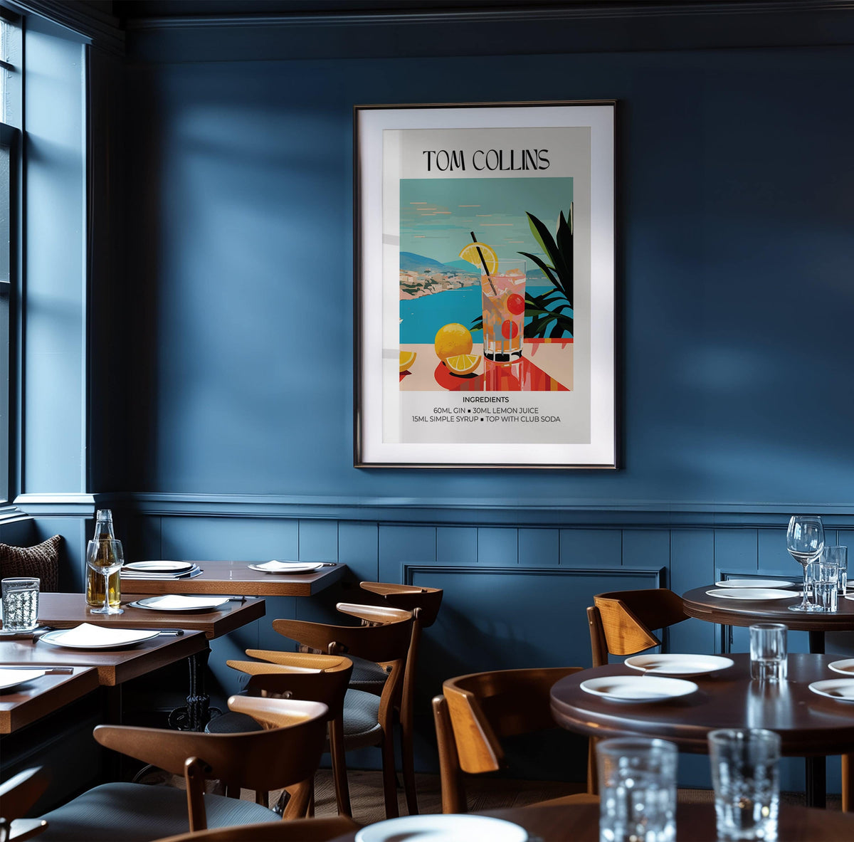 Artwork Bar framed print of a Tom Collins cocktail in mid-century style in a dark blue dining room