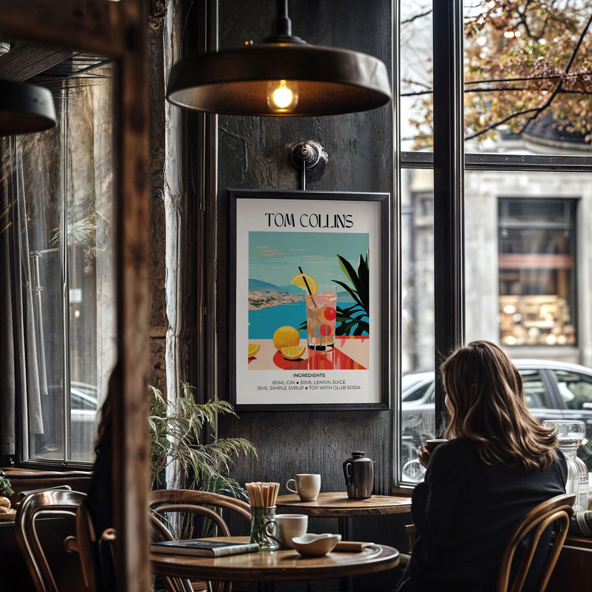 Artwork Bar framed print of Tom Collins cocktail illustration in mid-century style in a café with a table and cups