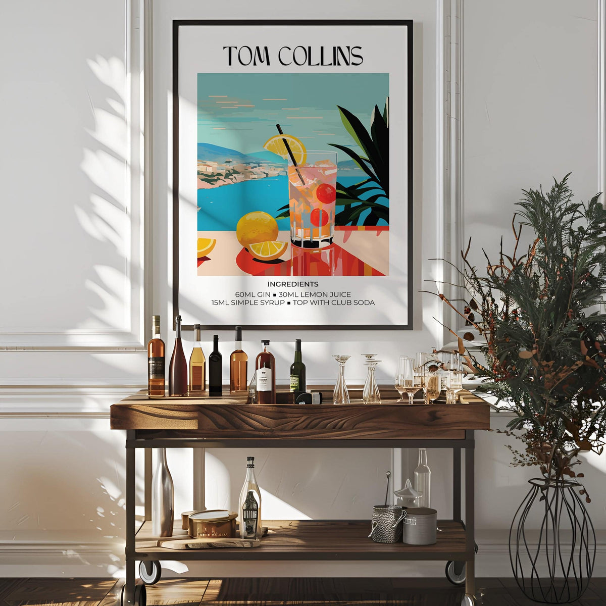 Artwork Bar framed print of a Tom Collins cocktail illustration in mid-century style above a bar trolley