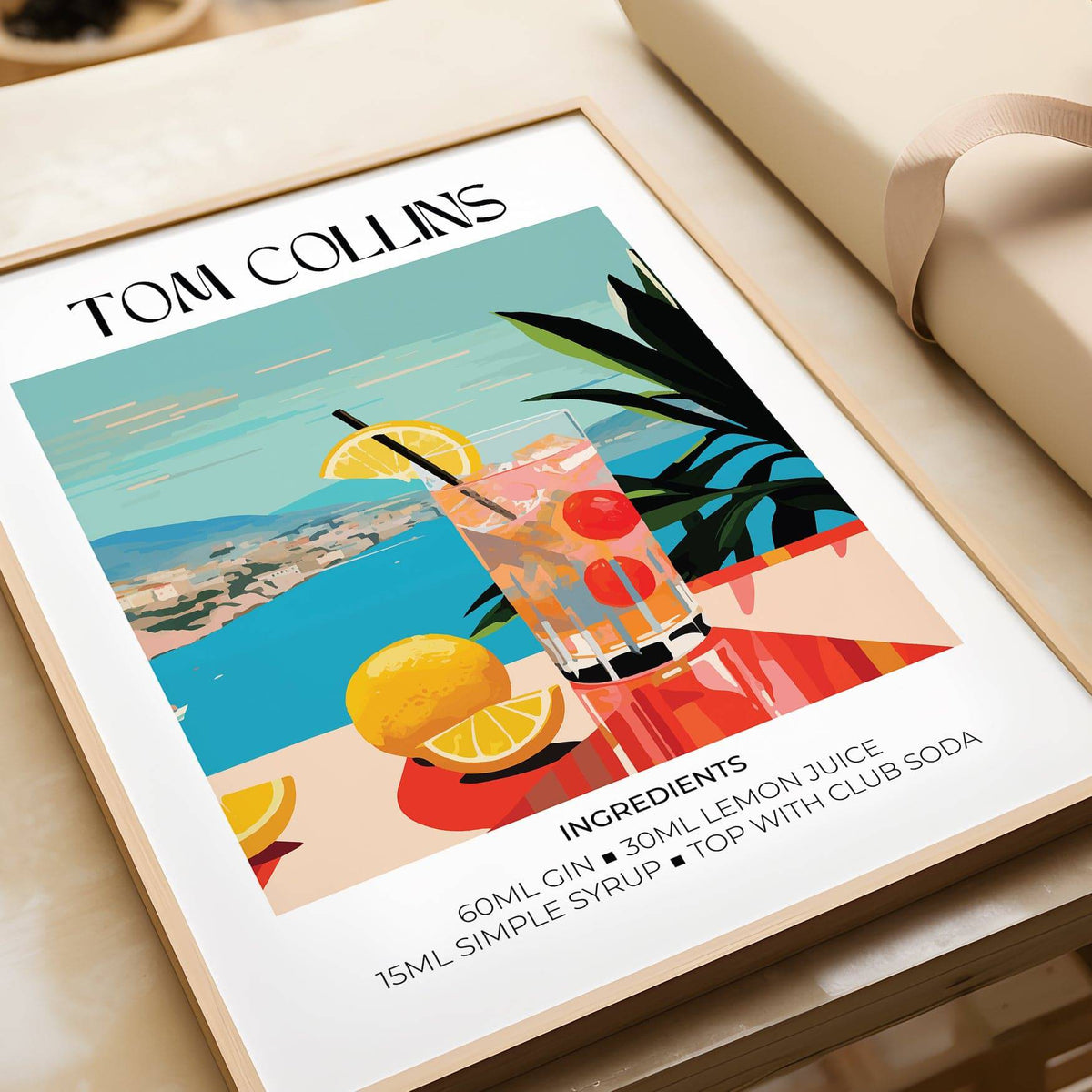 Framed Matisse Tom Collins artwork showing a cocktail with lemon and cherry in mid-century style