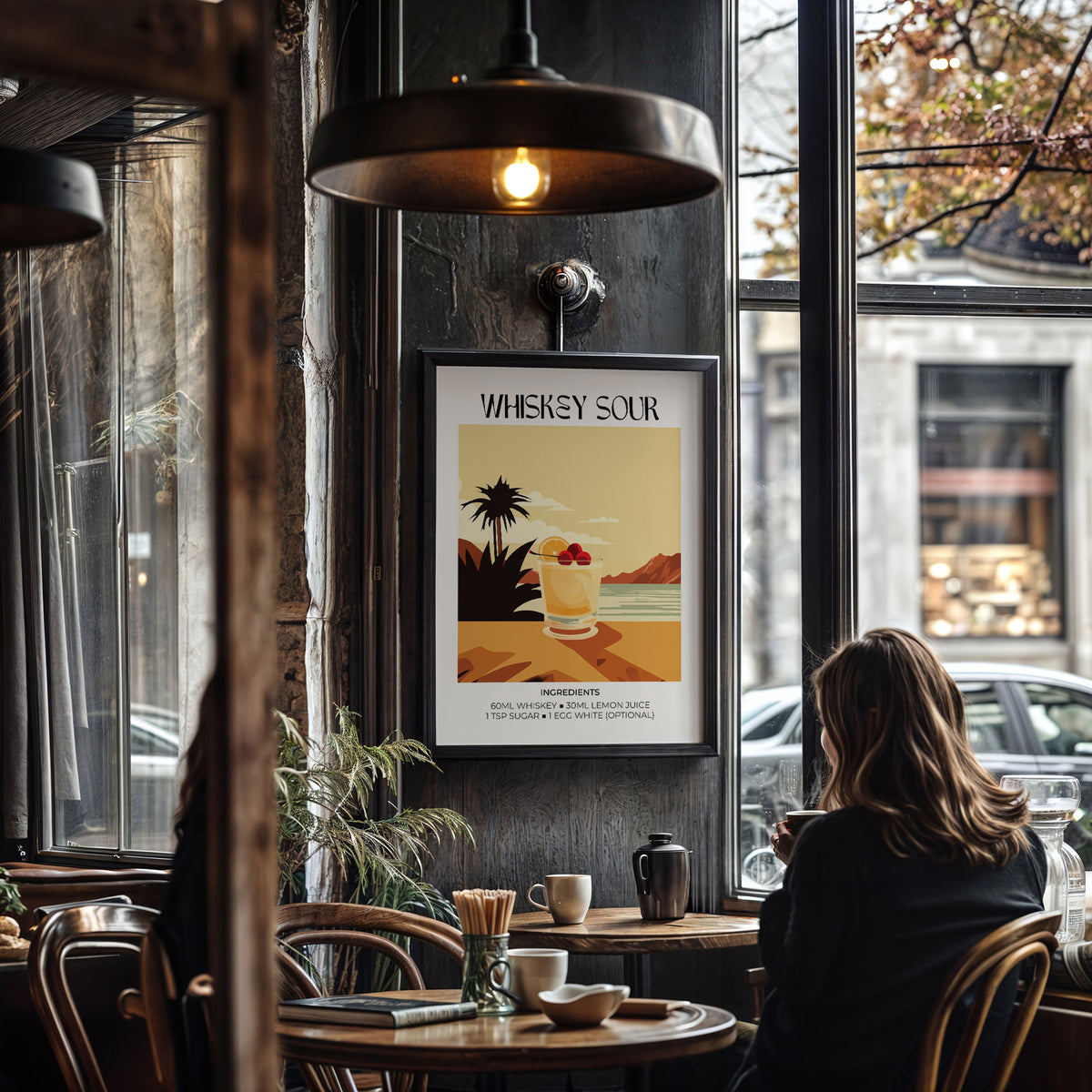 Framed Home Bar Art of a whiskey sour cocktail illustration with muted earth tones in a café