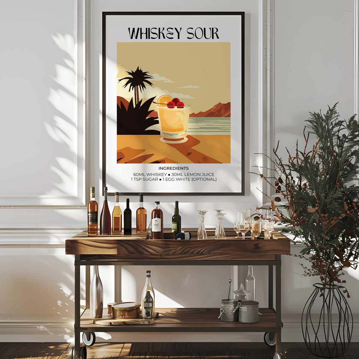Home Bar Art print of a whiskey sour cocktail illustration in warm beige and brown tones above a wooden bar trolley