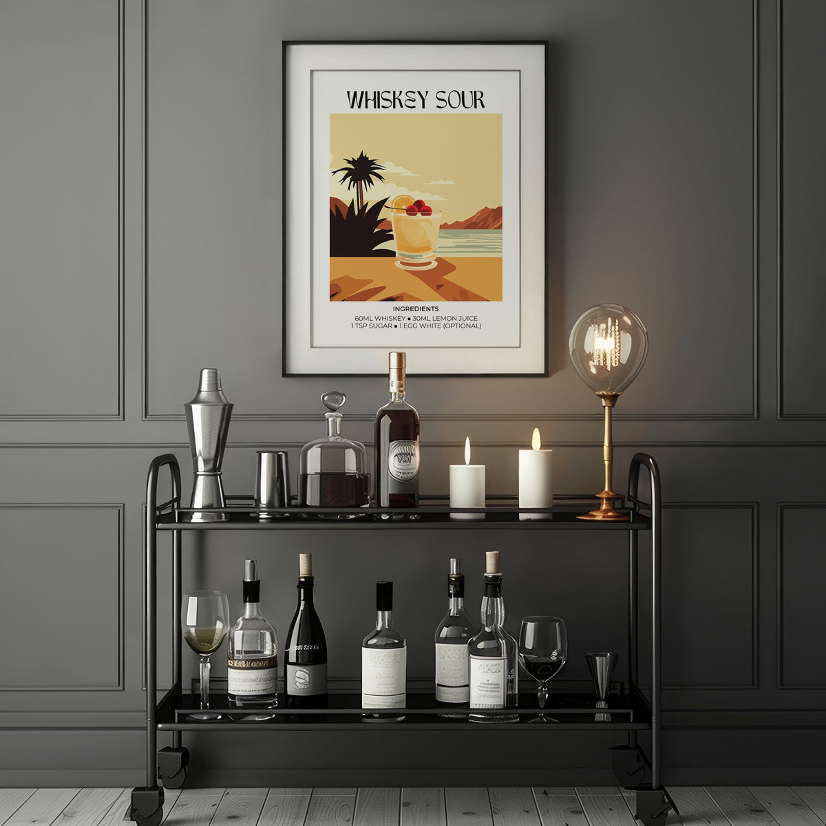 Home Bar Art print of a whiskey sour cocktail recipe in beige and brown above a black bar trolley with bottles and candles