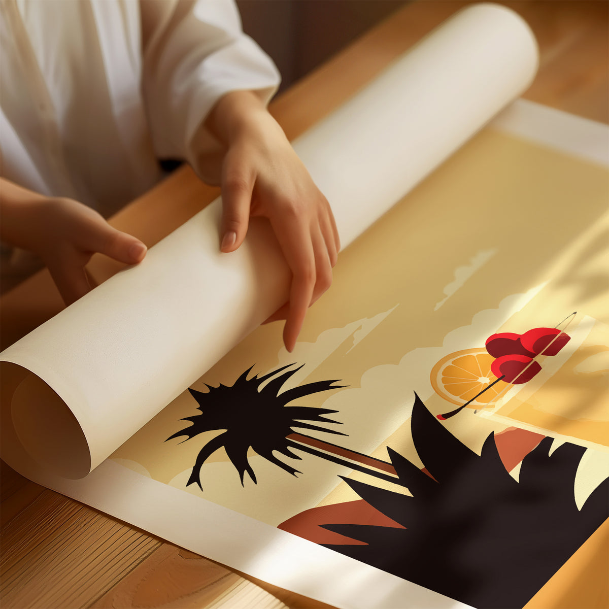 Detail close-up of a minimalist whiskey sour cocktail illustration unrolled on a wooden surface