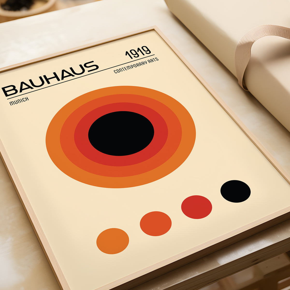 Minimalist orange Bauhaus poster with red and black accents for office walls

