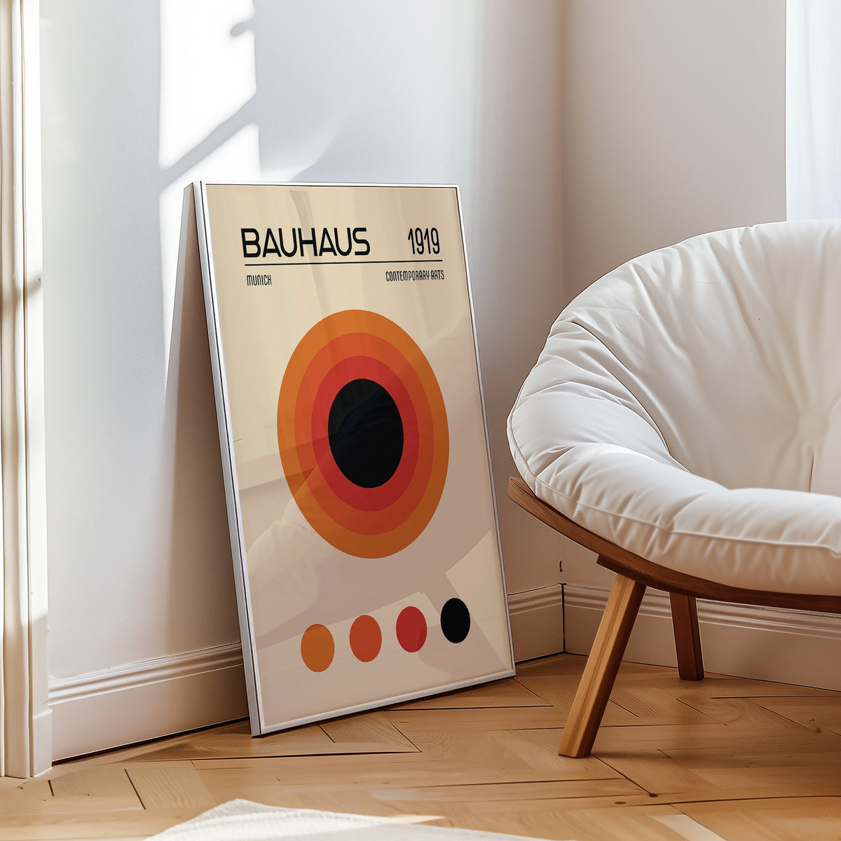 Iconic orange Bauhaus poster with layered ring pattern for study decor

