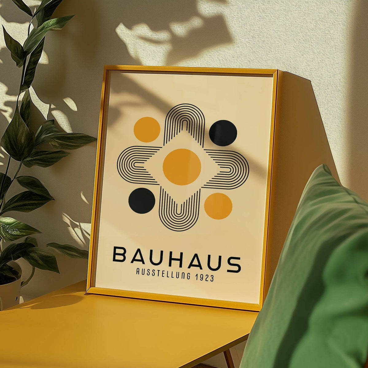 Framed Geometric Abstract Wall Art with golden and black shapes on yellow table near green cushion