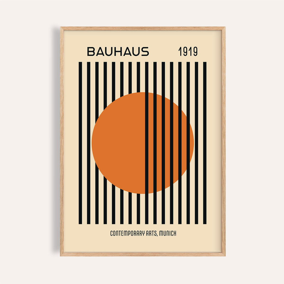 Framed Bauhaus Decor print with orange circle and black stripes on cream background