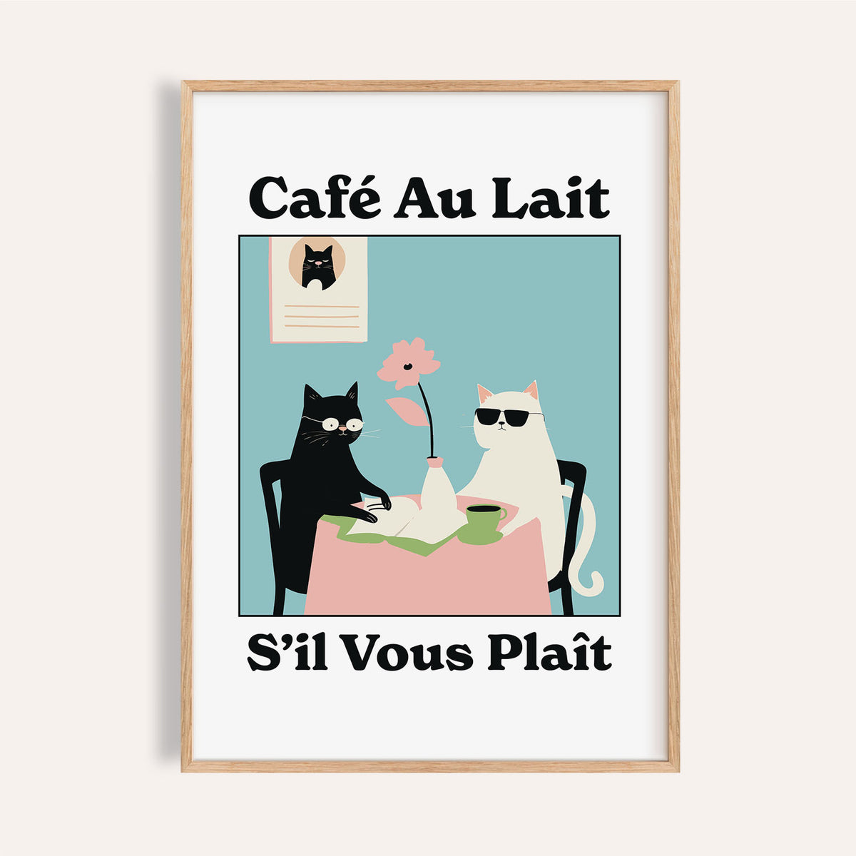 Framed print of quirky kitchen wall art with black and white cats at a pink table with a flower