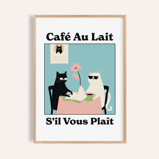 Framed print of quirky kitchen wall art with black and white cats at a pink table with a flower