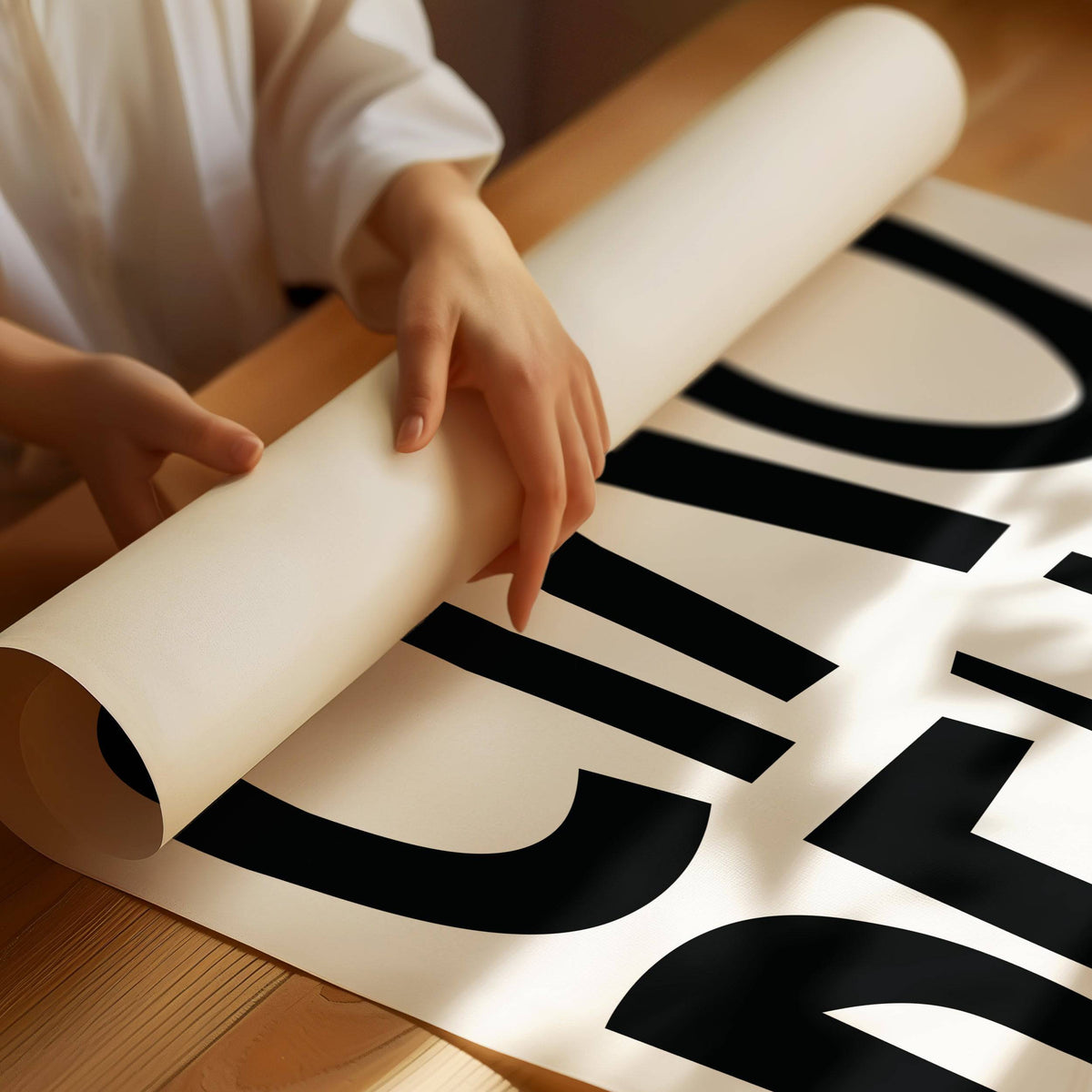 Detail close-up of Black and White Typography Poster with ciao bella text being rolled on a wooden surface