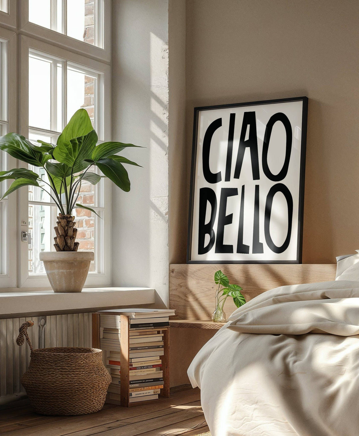 Italian wall art leaning on a wooden bed headboard with a green plant beside it